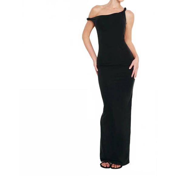 NEW GOOD AMERICAN sandwashed jersey twist shoulder maxi dress in black - Picture 1 of 3